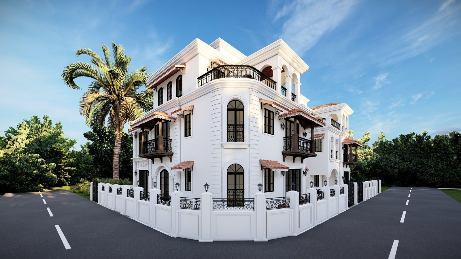 Villa A — corner elevation, full 3-floor daytime view