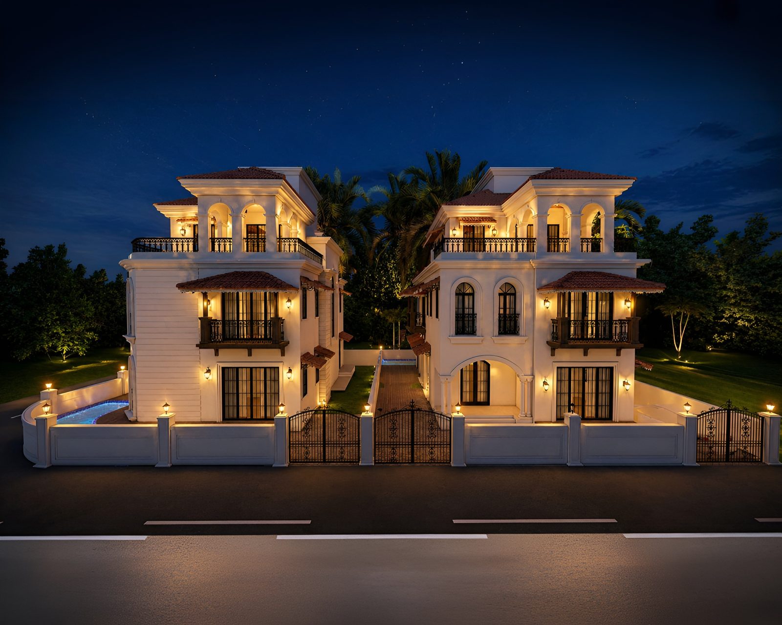 Karma Yugal Villas — illuminated at night, rear view, glowing pool