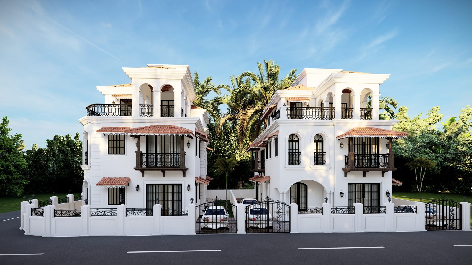 Villa A & B — wide front elevation, both villas, daytime