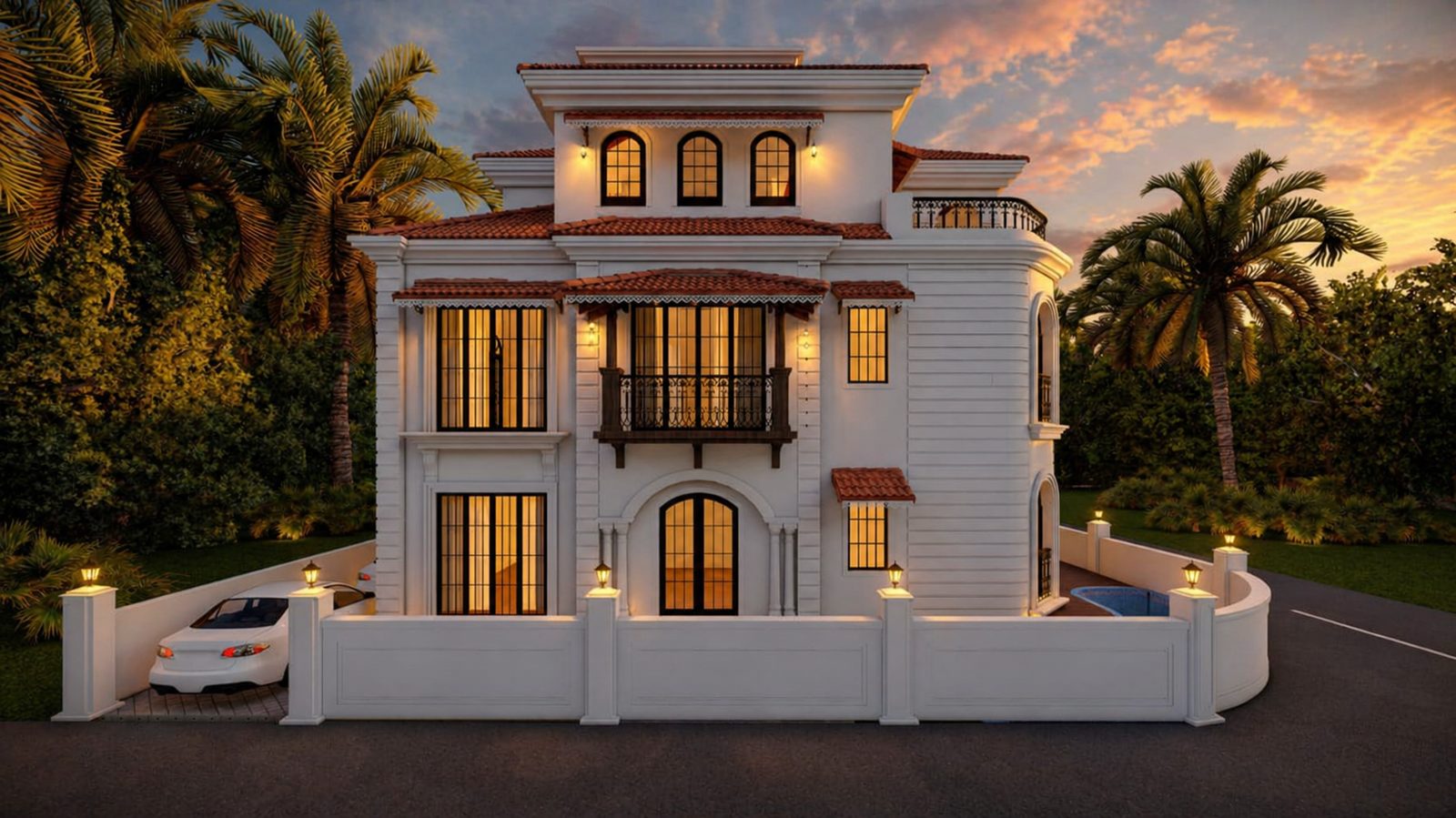 Villa A — rear elevation at sunset, dramatic sky