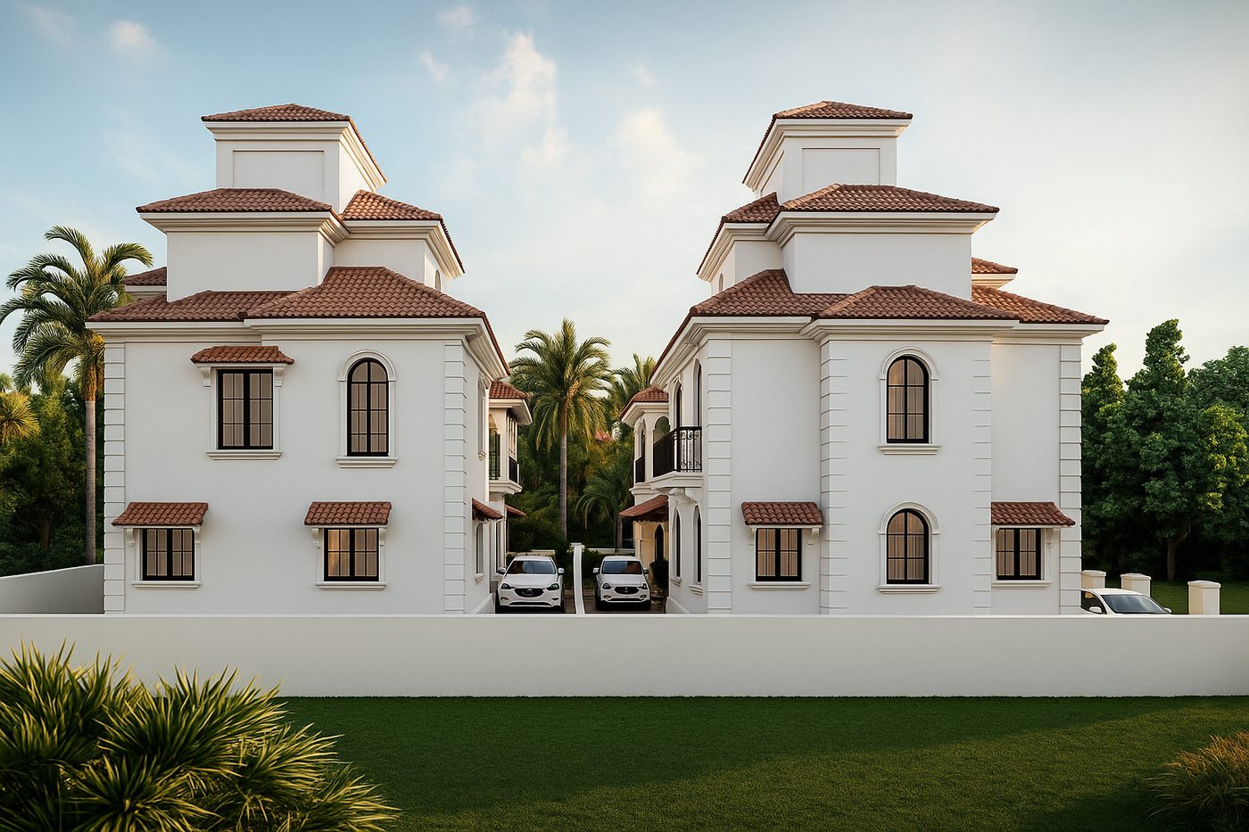 Villa A & B — rear elevation, perfectly symmetrical daytime